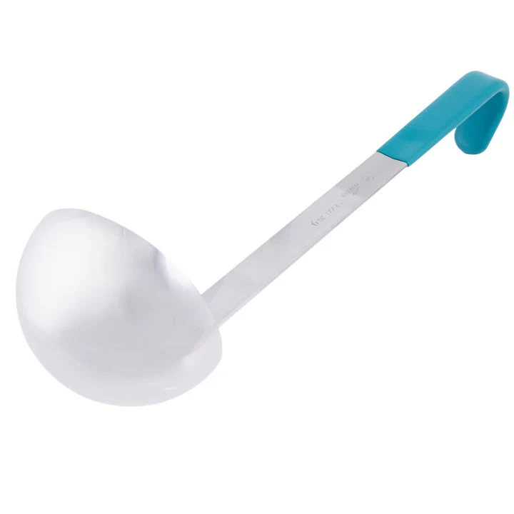 Vollrath 4980655 Jacob's Pride One-Piece Heavy-Duty Stainless Steel Ladle with 12-3/8" Teal Kool-Touch Grooved Hooked Handle 6 oz. - Image 3