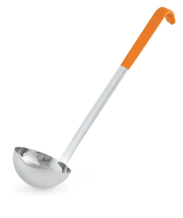 Vollrath 4980865 Jacob's Pride One-Piece Heavy-Duty Stainless Steel Ladle with 12-3/8" Orange Kool-Touch Grooved Hooked Handle 8 oz.