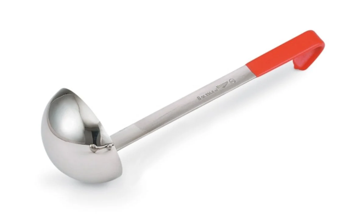Vollrath 4980865 Jacob's Pride One-Piece Heavy-Duty Stainless Steel Ladle with 12-3/8" Orange Kool-Touch Grooved Hooked Handle 8 oz. - Image 5