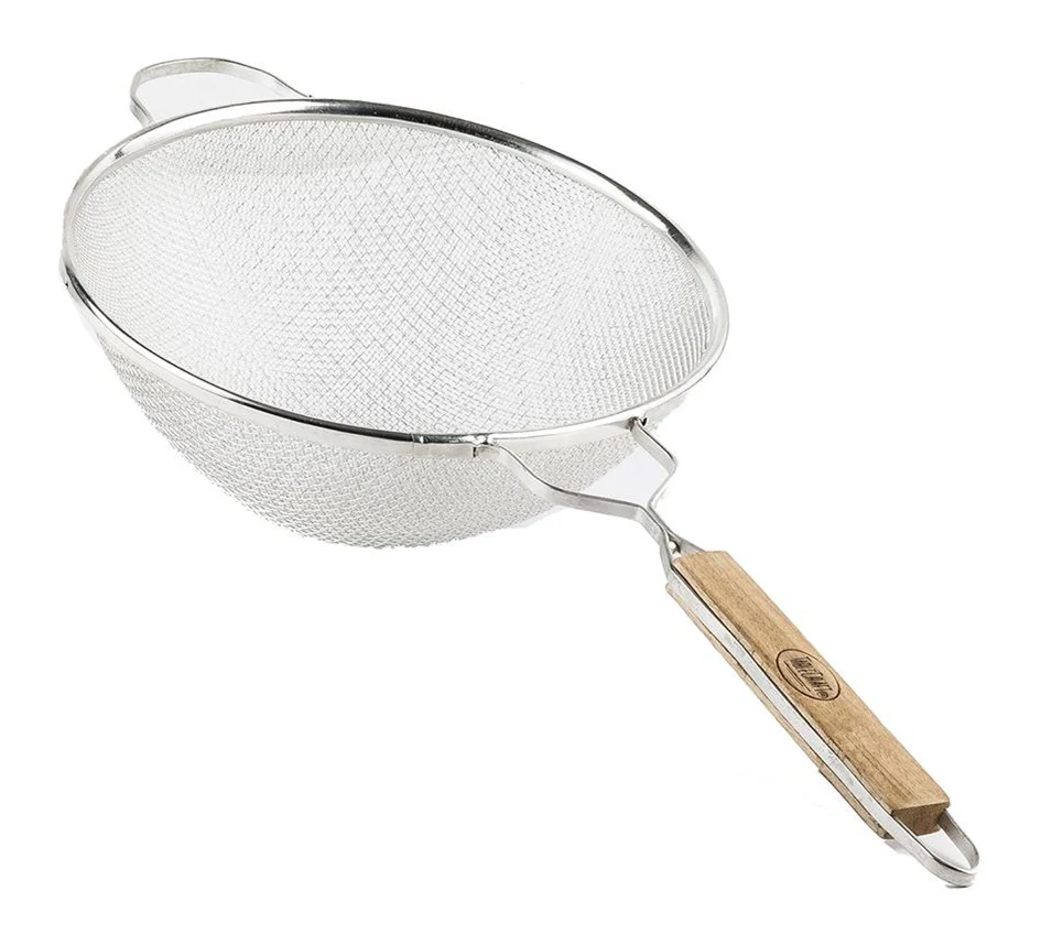 TableCraft 99 Tin-Plated Medium Double Mesh Strainer with 10-1/4" dia. Bowl and Wood Handle - Image 2