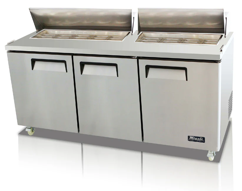 Migali C-SP72-18-HC Competitor Series 3-Section 3 Solid Door Standard Top Refrigerated Salad/Sandwich Prep Table 72" - Holds (18) 1/6 size panss - 22 cu.ft. - 115v