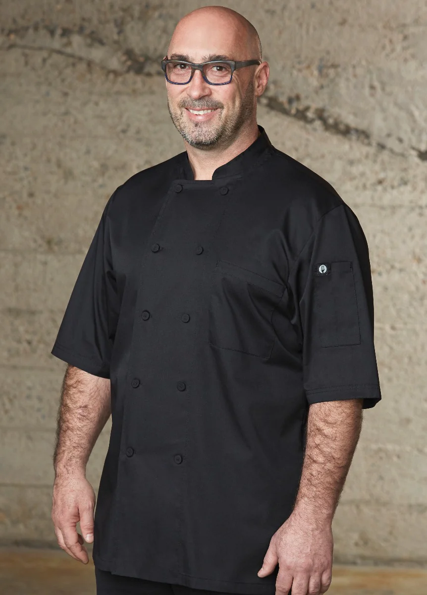 Chef Works JLCVBLK2XL Unisex Montreal Cool Vent Short Sleeve Double-Breasted Chef Coat with Cloth Covered Buttons - Black / 2X-Large