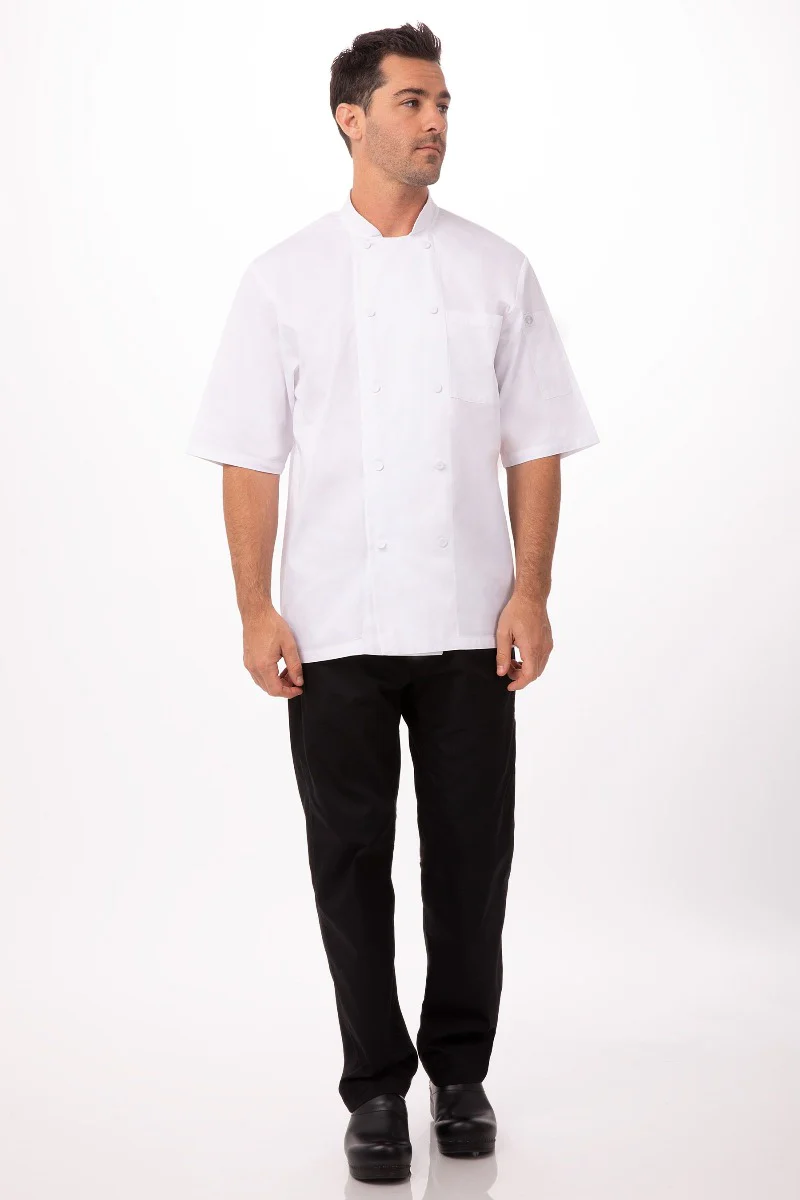 Chef Works JLCVWHTL Unisex Montreal Cool Vent Short Sleeve Double-Breasted Chef Coat with Cloth Covered Buttons - White / Large - Image 3