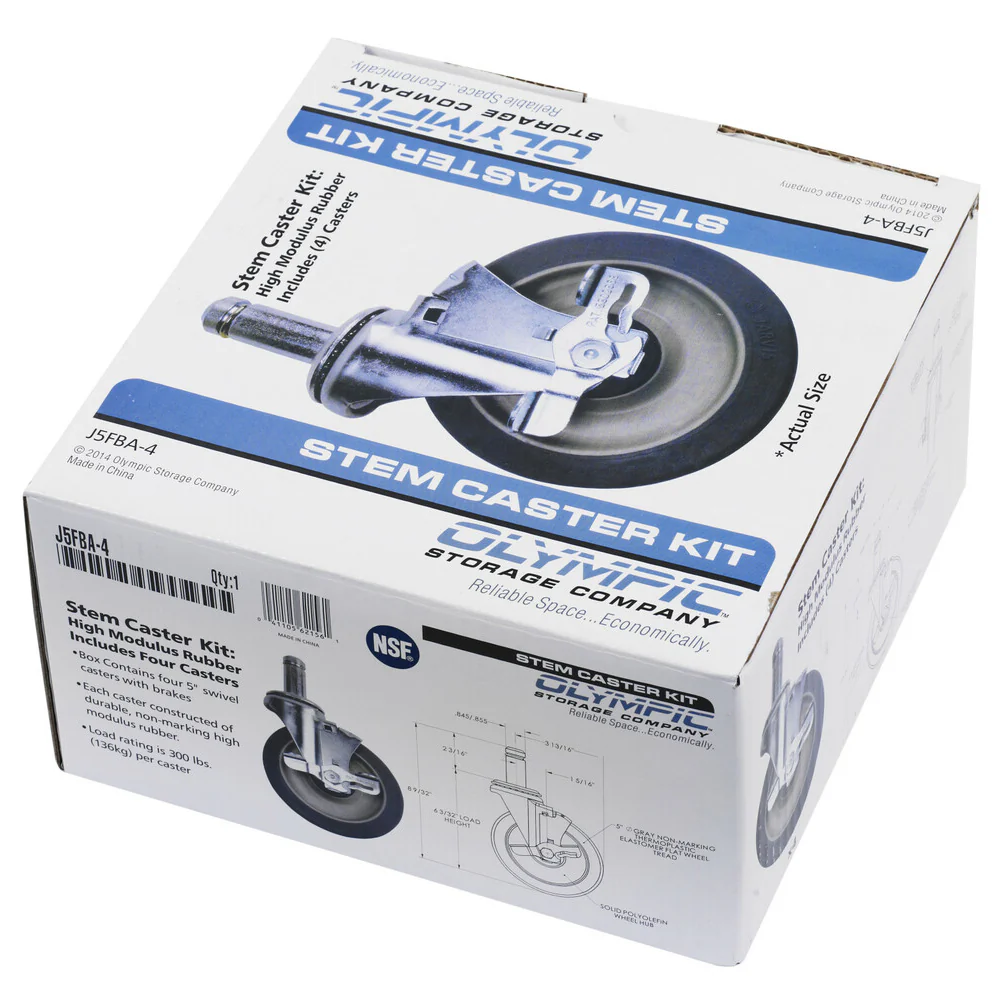 Olympic J5FBA-4 Wire Shelving High Modulus Rubber Swivel Stem Caster with Brake Kit 5" - 4/set - Image 2