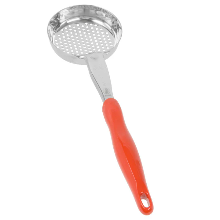 Vollrath 6432865 Jacob's Pride Color-Coded One-Piece Heavy-Duty Stainless Steel Perforated Round Spoodle Food Portioner with Orange Nylon Handle 8 oz. - Image 2