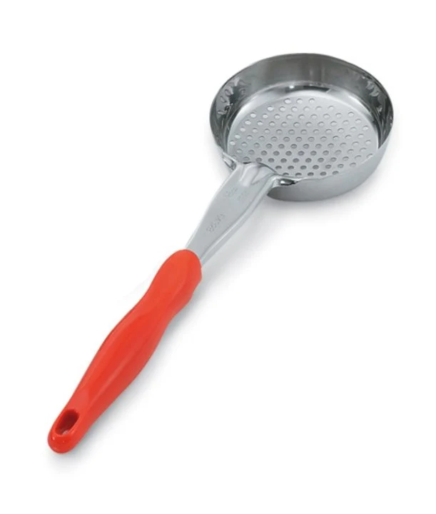Vollrath 6432865 Jacob's Pride Color-Coded One-Piece Heavy-Duty Stainless Steel Perforated Round Spoodle Food Portioner with Orange Nylon Handle 8 oz. - Image 3