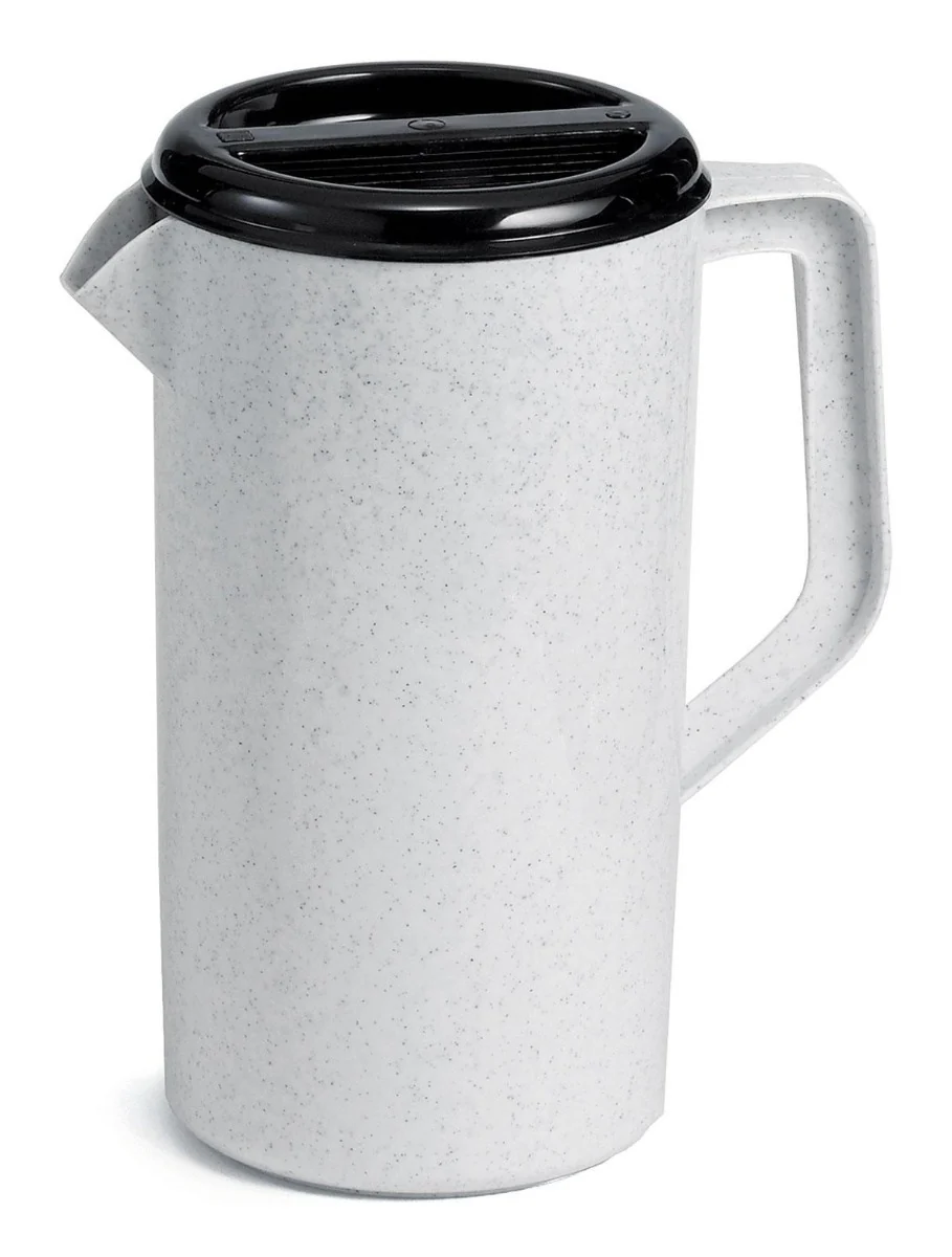 TableCraft 144GRT Economy Plastic Pitcher with 3-Way Sanitary Black Lid 2-1/2 qt. - Granite