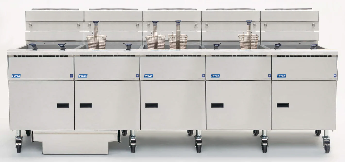 Pitco SE18S-5FD-SSTC Solstice 5 Bank Floor Electric Fryer with Solid State Controls and Under-Fryer Drawer Filtration 350-450 lb./cap - 208v/3-ph, 85kW