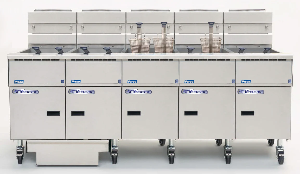 Pitco SSH55-5FD-SSTC Solstice Supreme High Efficiency 5 Bank Natural Gas Floor Fryer w/ Solid State Digital Controls and Filter Drawer 200-250 lbs./cap. - 400,000 BTU