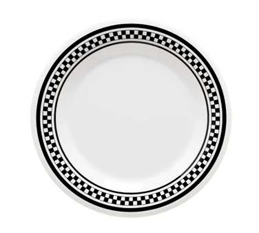 GET WP-12-X Diamond Chexers Melamine Round Plate 12" - White w/ Black Checkerboard Rim - 12/Case