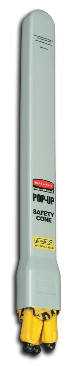 Rubbermaid FG9S0000YEL Multi-Lingual "Caution" Wet Floor Pop-Up Floor Cone Safety Sign with Wall-Mounted Case 20" - Yellow - Image 3