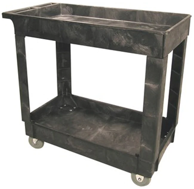 Rubbermaid FG9T6600BLA 500 lb. Small 2 Shelf Heavy-Duty Utility Cart with Lipped Shelf 34" x 17" x 31"H - Black - Image 3