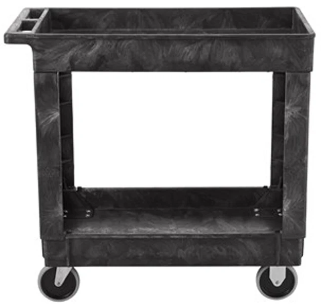 Rubbermaid FG9T6600BLA 500 lb. Small 2 Shelf Heavy-Duty Utility Cart with Lipped Shelf 34" x 17" x 31"H - Black - Image 4