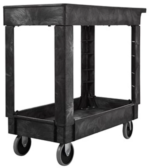 Rubbermaid FG9T6600BLA 500 lb. Small 2 Shelf Heavy-Duty Utility Cart with Lipped Shelf 34" x 17" x 31"H - Black - Image 5