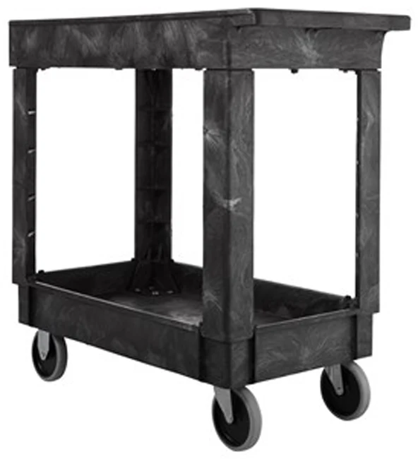 Rubbermaid FG9T6600BLA 500 lb. Small 2 Shelf Heavy-Duty Utility Cart with Lipped Shelf 34" x 17" x 31"H - Black - Image 6