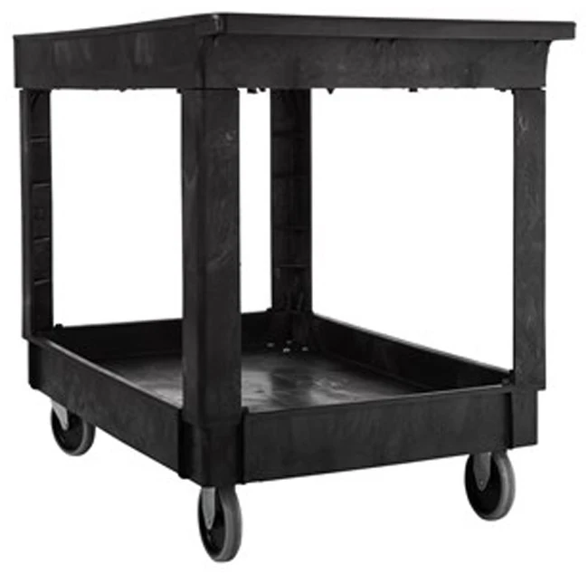 Rubbermaid FG9T6700BLA 500 lb. Medium 2 Shelf Heavy-Duty Utility Cart with Lipped Shelf 40" x 25" x 32"H - Black - Image 3