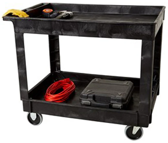 Rubbermaid FG9T6700BLA 500 lb. Medium 2 Shelf Heavy-Duty Utility Cart with Lipped Shelf 40" x 25" x 32"H - Black - Image 4