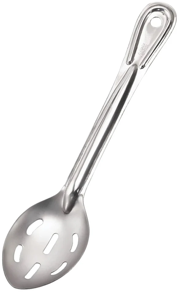 Browne 572113 Conventional Medium Gauge Stainless Steel Slotted Serving Spoon with Reinforced Grooved Handle 11"