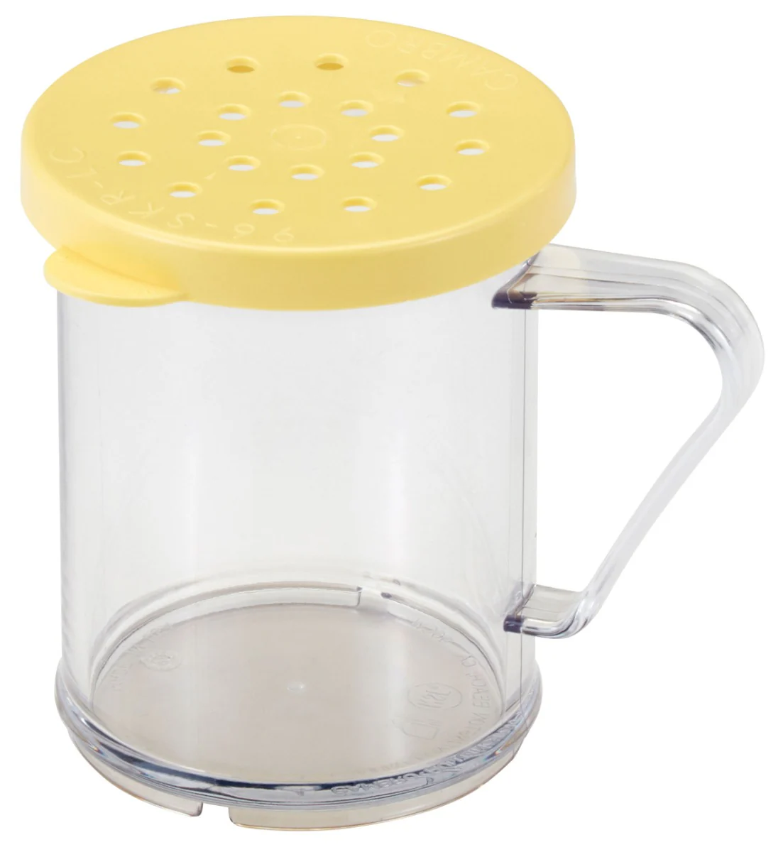 Cambro 96SKRC135 Camwear Polycarbonate Shaker/Dredge with Handle & Yellow Lid for Cheese 10 oz. - Clear