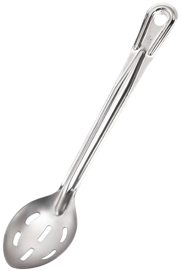 Browne 572133 Conventional Medium Gauge Stainless Steel Slotted Serving Spoon with Reinforced Grooved Handle 13"
