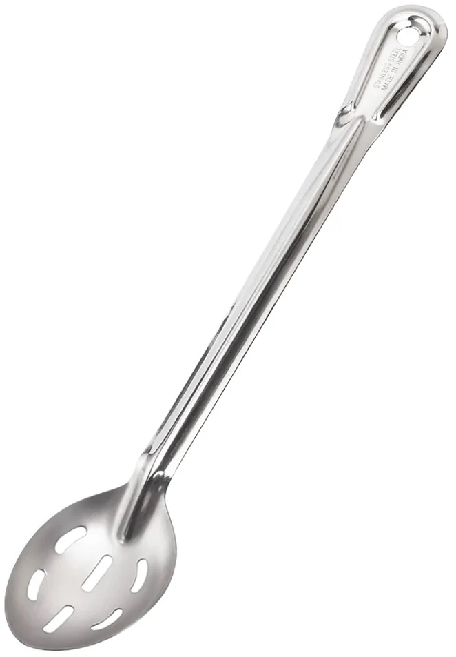 Browne 572153 Conventional Medium Gauge Stainless Steel Slotted Serving Spoon with Reinforced Grooved Handle 15"