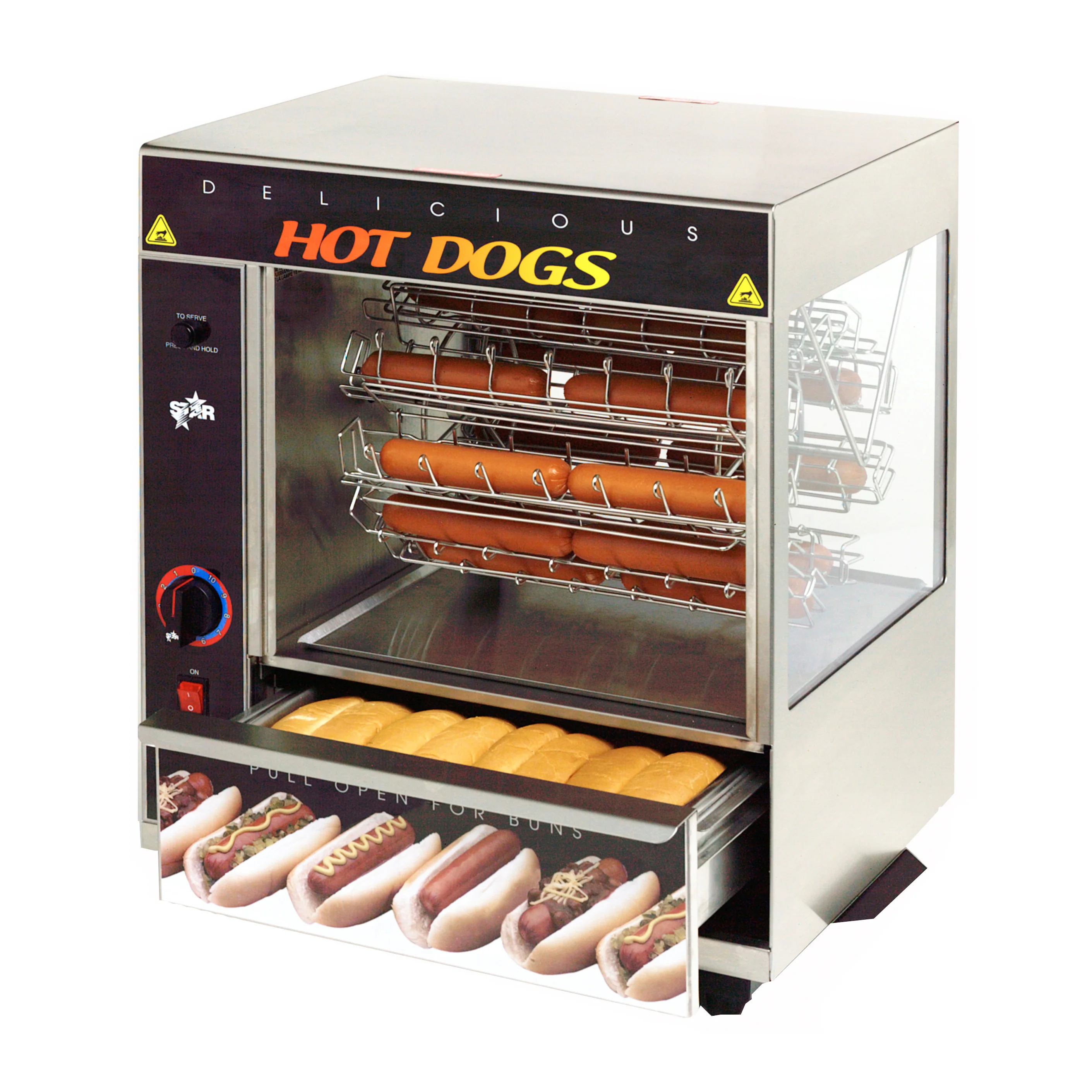 Star 175CBA Broil-O-Dog Hot Dog Broiler with Bun Warmer 19-1/2" - Holds 36 Dogs & 32 Buns - 120v