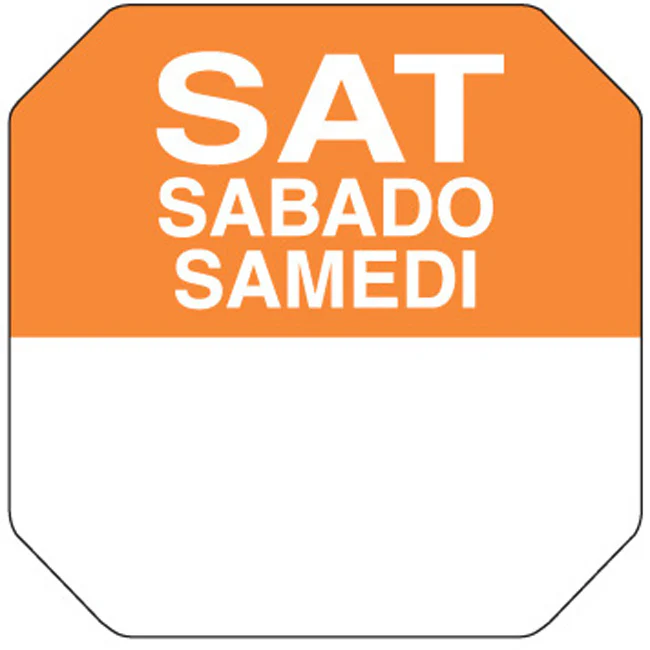 Ecolab Daydots 10107-06-31 SupeRemovable Labels, Saturday (E/S/F) 1" - Orange / White - Roll of 1,000