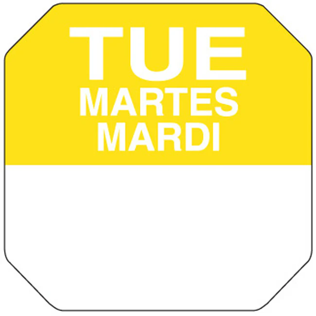 Ecolab Daydots 10107-02-31 SupeRemovable Labels, Tuesday (E/S/F) 1" - Yellow / White - Roll of 1,000