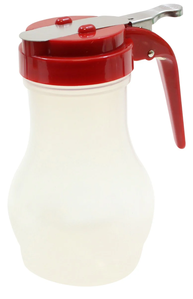 TableCraft PP410RE Teardrop Polypropylene Syrup Dispenser with Red ABS Top 10 oz. - Translucent