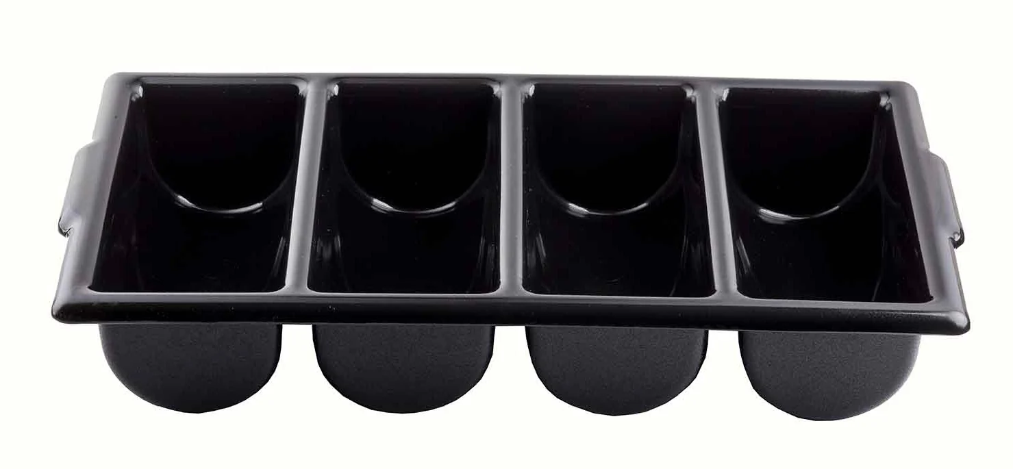 TableCraft 1524B Polyethylene 4-Compartment Cutlery Bin 21-5/8" x 12" x 3-3/4" - Black - Image 2