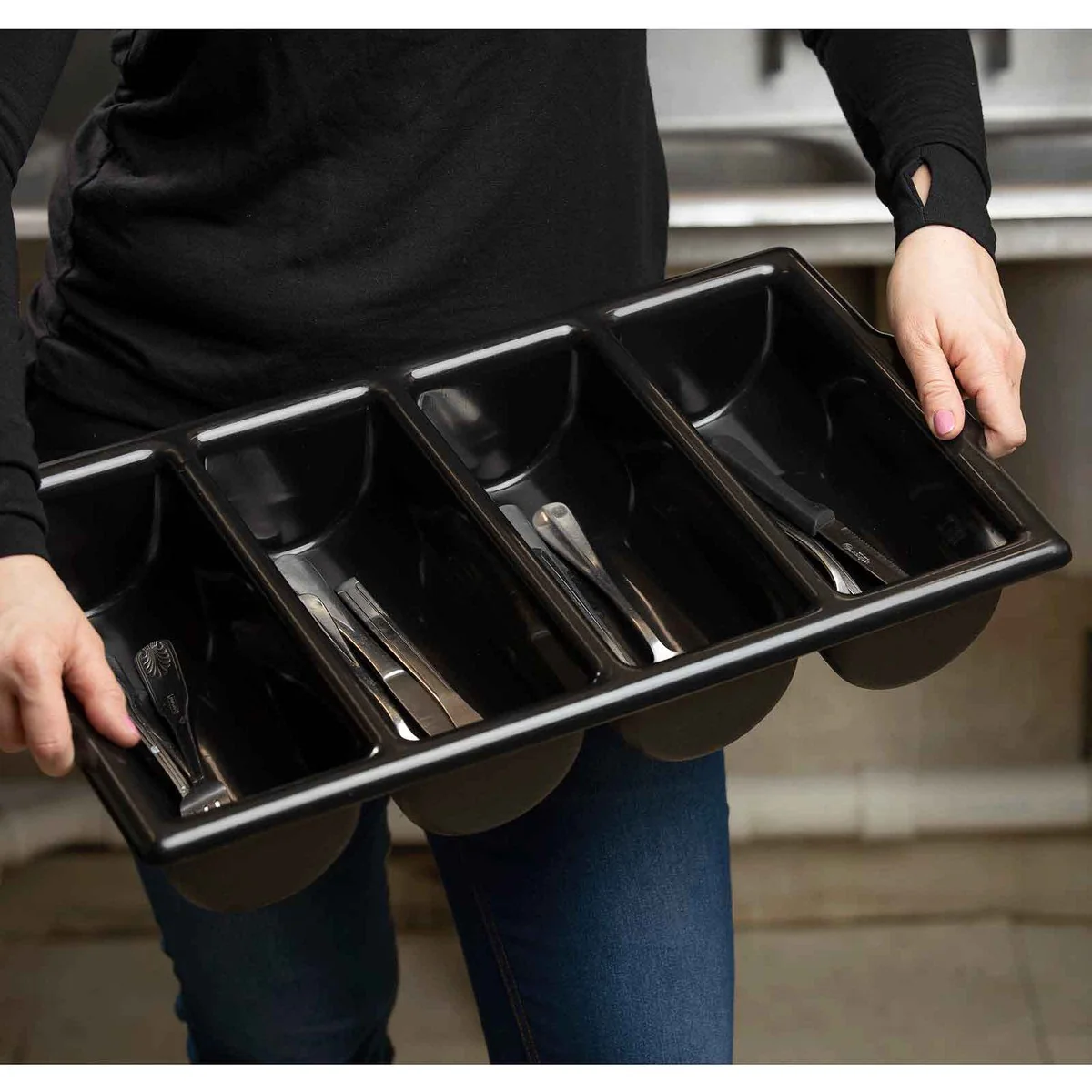 TableCraft 1524B Polyethylene 4-Compartment Cutlery Bin 21-5/8" x 12" x 3-3/4" - Black - Image 6