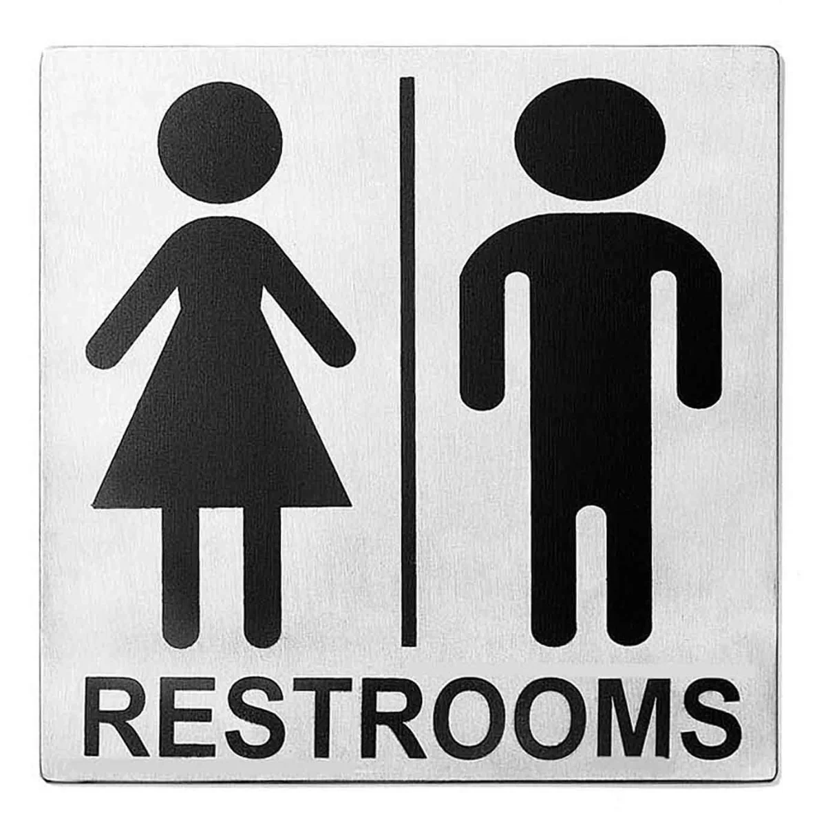 TableCraft B12 Contemporary Stainless Steel "Men/Women Restrooms" Restroom Sign 5" x 5" - Black on Silver