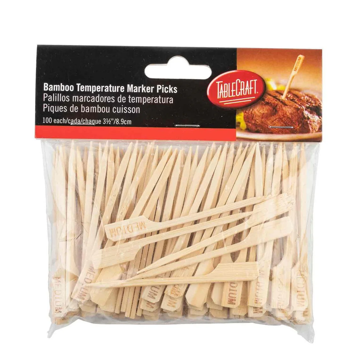 TableCraft MEDIUM "Medium" 3-1/2" Bamboo Temperature Meat Marker Pick - 100/Pack - Image 2