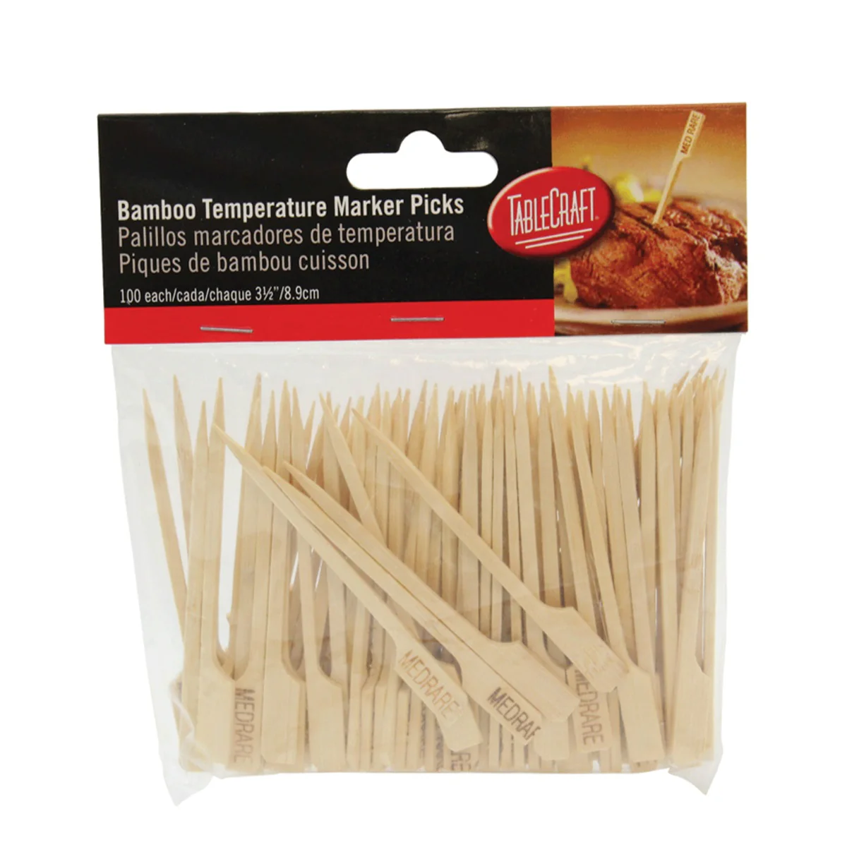 TableCraft MEDRARE "Med Rare" 3-1/2" Bamboo Temperature Meat Marker Pick - 100/Pack - Image 2