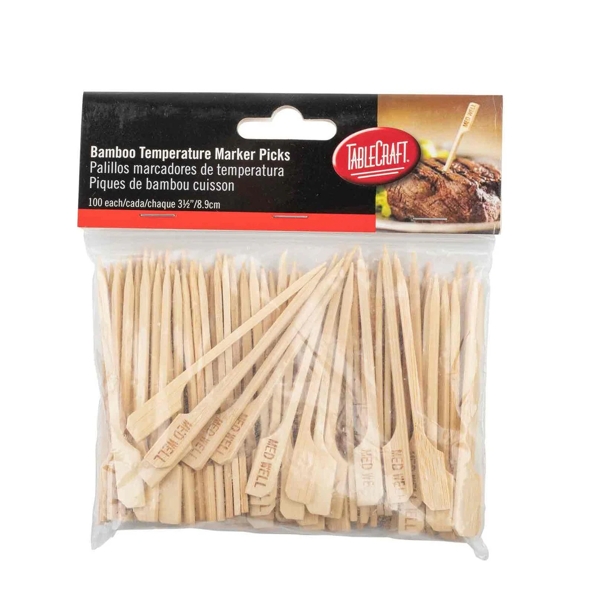 TableCraft MEDWELL "Med Well" 3-1/2" Bamboo Temperature Meat Marker Pick - 100/Pack - Image 2