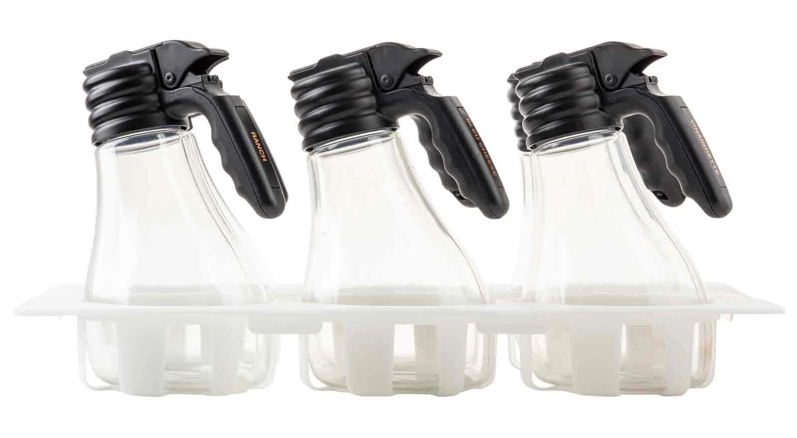 TableCraft N481 Option Polycarbonate Salad Dressing Dispenser Set with Black Plastic Top and (10) Name Tags and (1) White Tray 48 oz. - Clear - Set of 6 - Image 2
