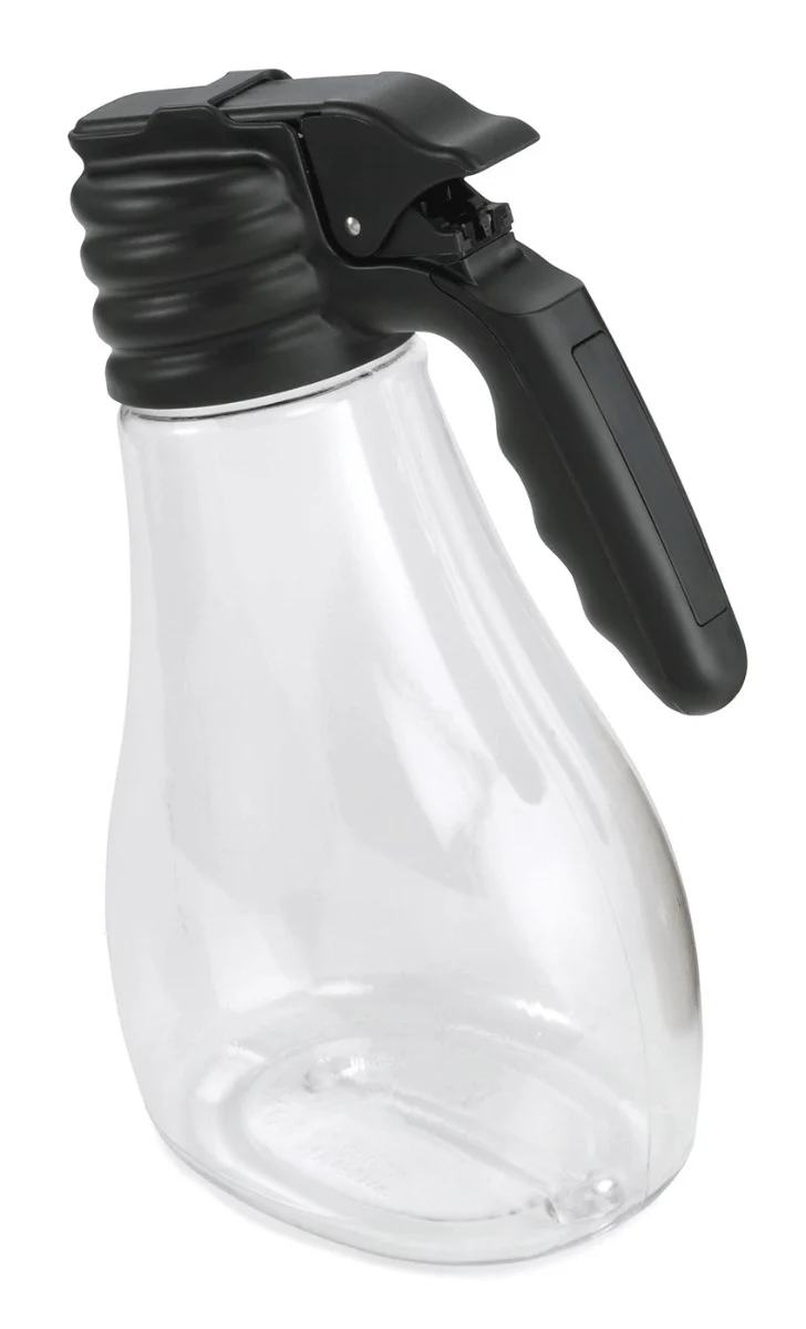 TableCraft N481 Option Polycarbonate Salad Dressing Dispenser Set with Black Plastic Top and (10) Name Tags and (1) White Tray 48 oz. - Clear - Set of 6 - Image 3