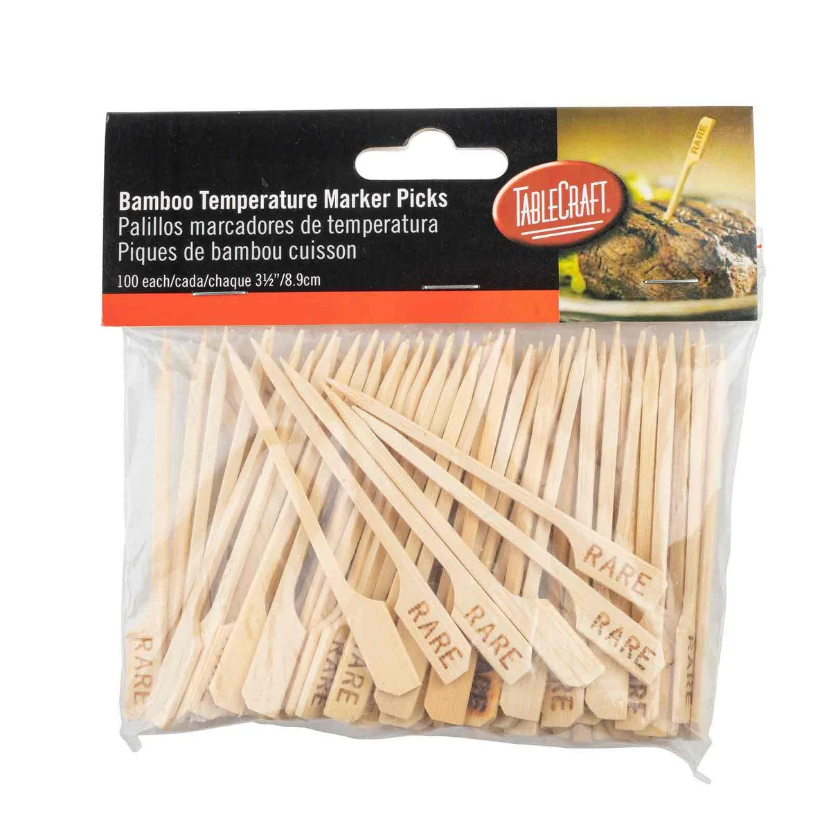 TableCraft RARE "Rare" 3-1/2" Bamboo Temperature Meat Marker Pick - 100/Pack - Image 5