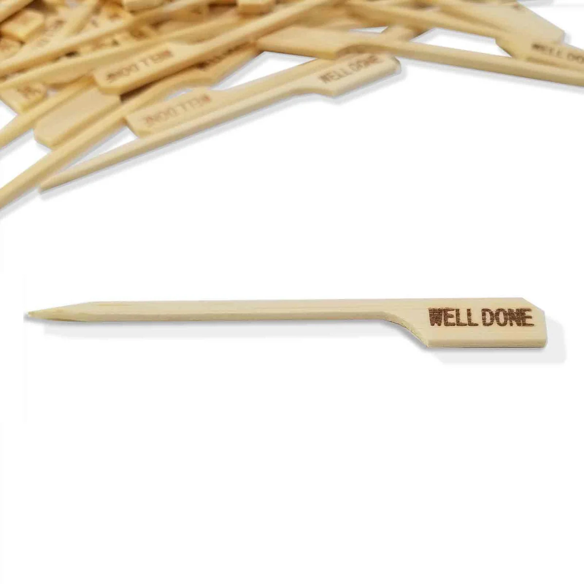 TableCraft WELLDONE "Well Done" 3-1/2" Bamboo Temperature Meat Marker Pick - 100/Pack - Image 4