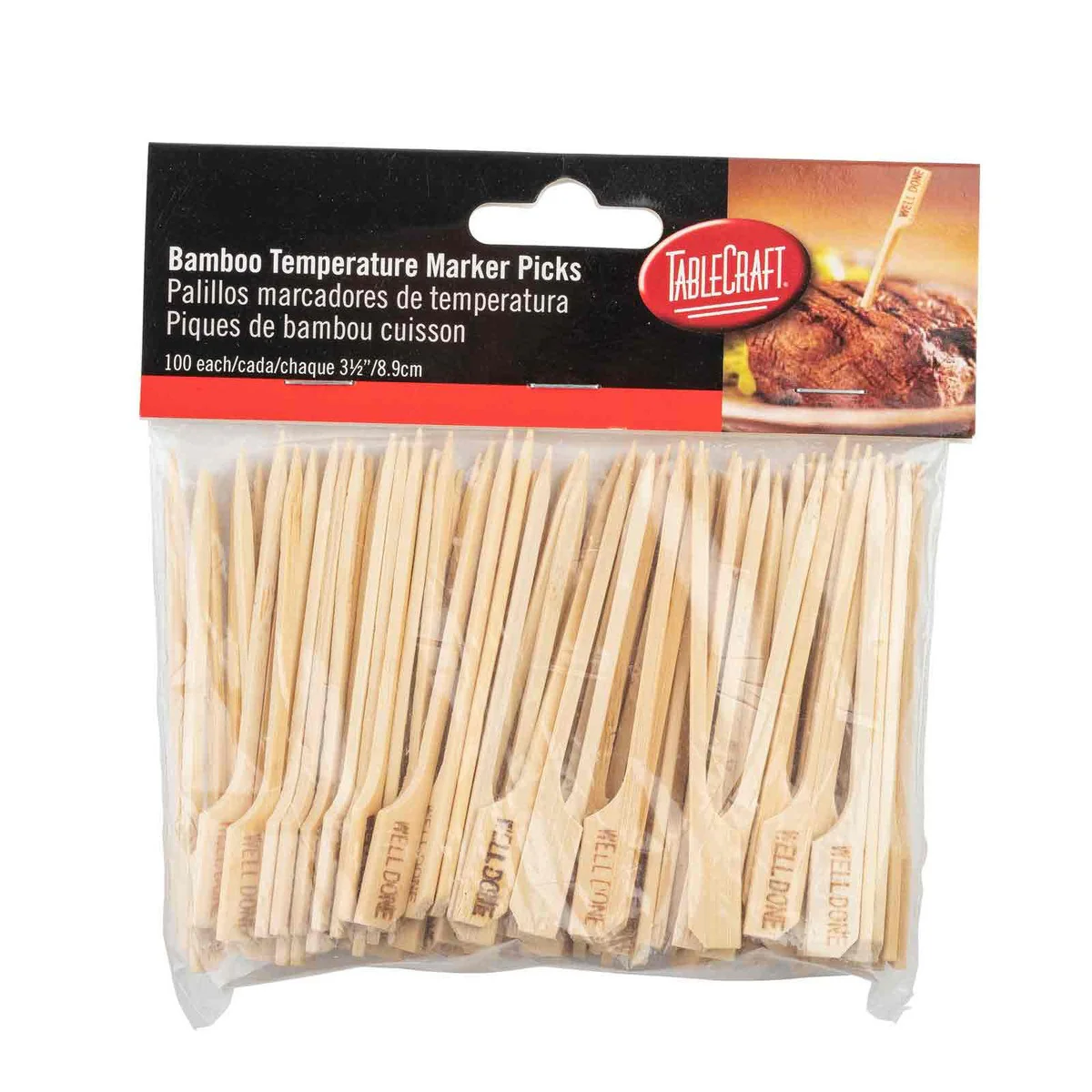 TableCraft WELLDONE "Well Done" 3-1/2" Bamboo Temperature Meat Marker Pick - 100/Pack - Image 5