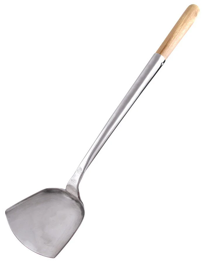 Town 33942 Medium Hand Hammered Stainless Steel Wok Shovel / Spatula 4" x 4-1/2" with 16" Wood Handle