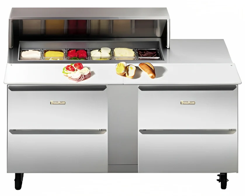 Traulsen UPT7212-DD 2-Section 4 Drawer Refrigerated Salad/Sandwich Prep Table with Roll-Top Lid 72" - Holds (12) 1/6 Size Pans - 24.5 cu. ft. - 115v
