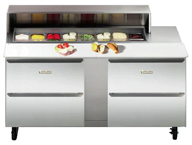 Traulsen UPT7224-DD-SB 2-Section 4 Drawer Refrigerated Salad/Sandwich Prep Table with Roll-Top Lid & Stainless Steel Back 72" - Holds (24) 1/6 Size Pans - 24.5 cu. ft. - 115v