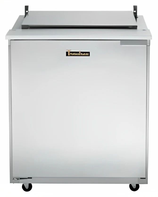 Traulsen UST276-L-SB 1-Section Left Hinged 1 Door Refrigerated Salad/Sandwich Prep Table with Low Profile Flat Lid & Stainless Steel Back 27" - Holds (6) 1/6 Size Pans - 7.7 cu. ft. - 115v