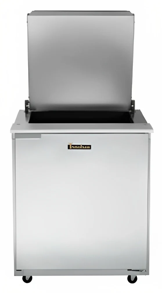 Traulsen UST279-R-SB 1-Section Right Hinged 1 Door Refrigerated Salad/Sandwich Prep Table with Low Profile Flat Lid & Stainless Steel Back 27" - Holds (9) 1/6 Size Pans - 7.7 cu. ft. - 115v - Image 7
