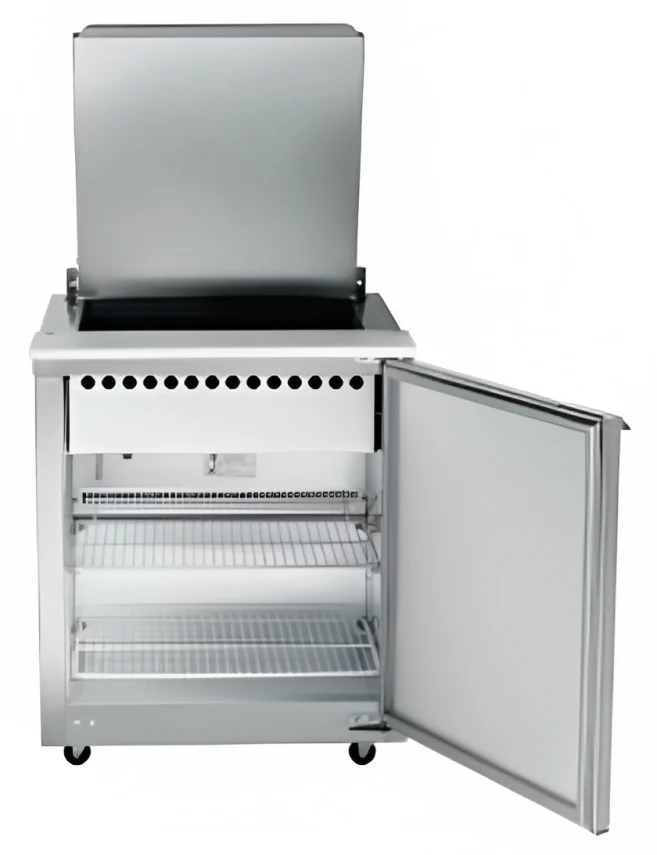 Traulsen UST2312-R-SB 1-Section Right Hinged 1 Door Refrigerated Salad/Sandwich Prep Table with Low Profile Flat Lid & Stainless Steel Back 32" - Holds (12) 1/6 Size Pans - 8.8 cu. ft. - 115v