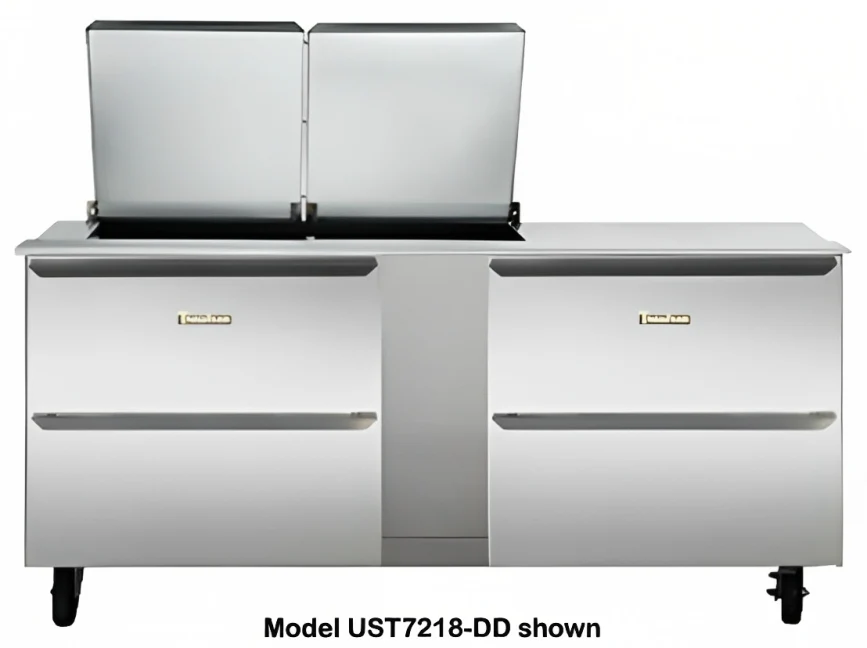 Traulsen UST7212-DD-SB 2-Section 4 Drawer Refrigerated Salad/Sandwich Prep Table with Low Profile Flat Lid & Stainless Steel Back 72" - Holds (12) 1/6 Size Pans - 20 cu. ft. - 115v