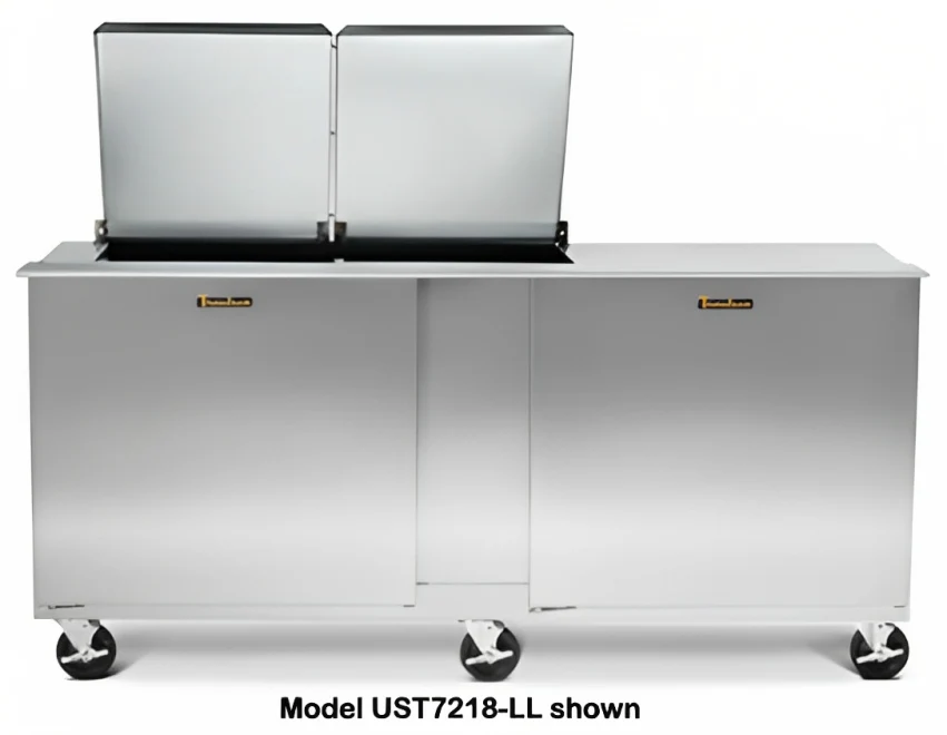 Traulsen UST7212-LL-SB 2-Section Left/Left Hinged 2 Door Refrigerated Salad/Sandwich Prep Table with Low Profile Flat Lid & Stainless Steel Back 72" - Holds (12) 1/6 Size Pans - 20 cu. ft. - 115v - Image 6