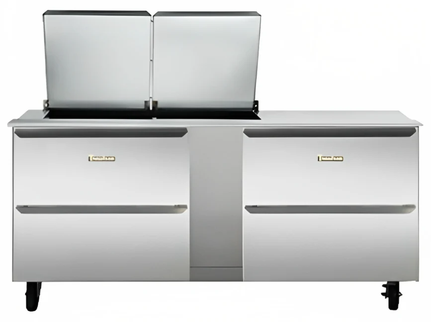 Traulsen UST7218-DD-SB 2-Section 4 Drawer Refrigerated Salad/Sandwich Prep Table with Low Profile Flat Lid & Stainless Steel Back 72" - Holds (18) 1/6 Size Pans - 20 cu. ft. - 115v