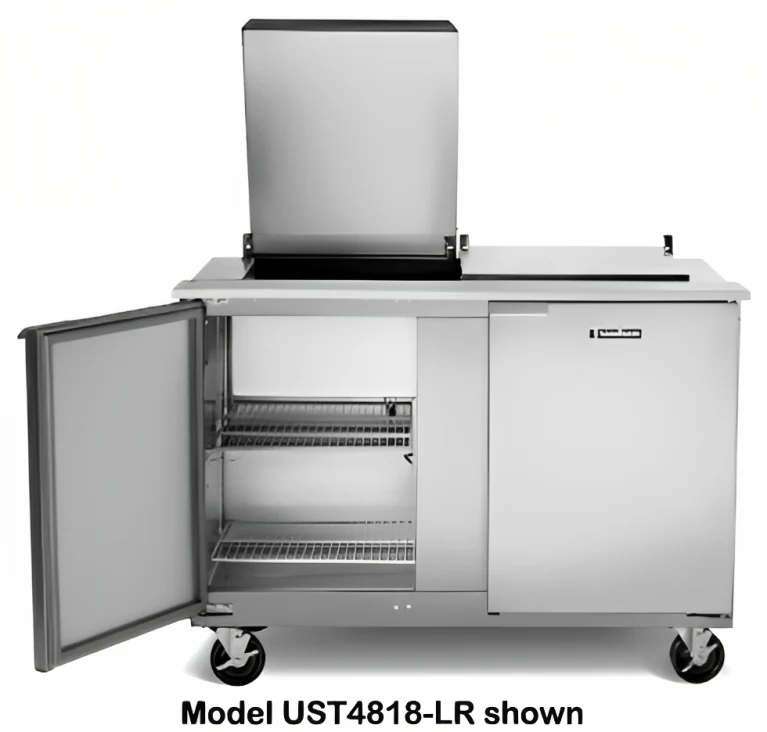 Traulsen UST7224-LL-SB 2-Section Left/Left Hinged 2 Door Refrigerated Salad/Sandwich Prep Table with Low Profile Flat Lid & Stainless Steel Back 72" - Holds (24) 1/6 Size Pans - 20 cu. ft. - 115v - Image 6